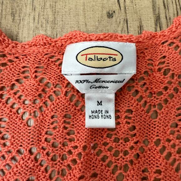 Talbots Mercerized Cotton Lace Look Sweater Peach Orange Medium - Picture 3 of 8